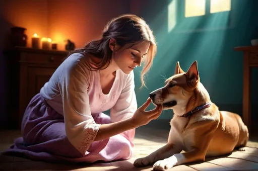 Prompt: Woman healing a pet laid, vibrant colors, detailed, high definition, calm, enchanting lighting, best quality, detailed shadows, professional lighting, peaceful atmosphere.