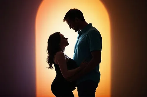 Prompt: Pregnant woman embracing by her husband silhouette, realistic image, detailed shadows, detailed facial features, serene place, bright place, vibrant colors, professional lighting, calm, serene.

