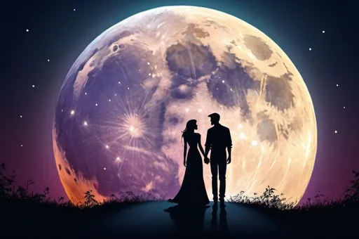 Prompt: The shadow of a loving couple in the background, in the night with the full moon, magical environment, vibran colors, detailed, high definition, best quality, detailed shadows, realistic.