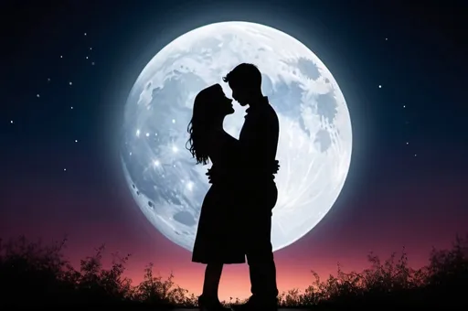 Prompt: Photography of the shadow of a loving couple in the sky, in the night with the full moon, magical environment, vibrant colors, detailed, intricate details, high definition, best quality, detailed shadows, realistic, enchanting lighting.