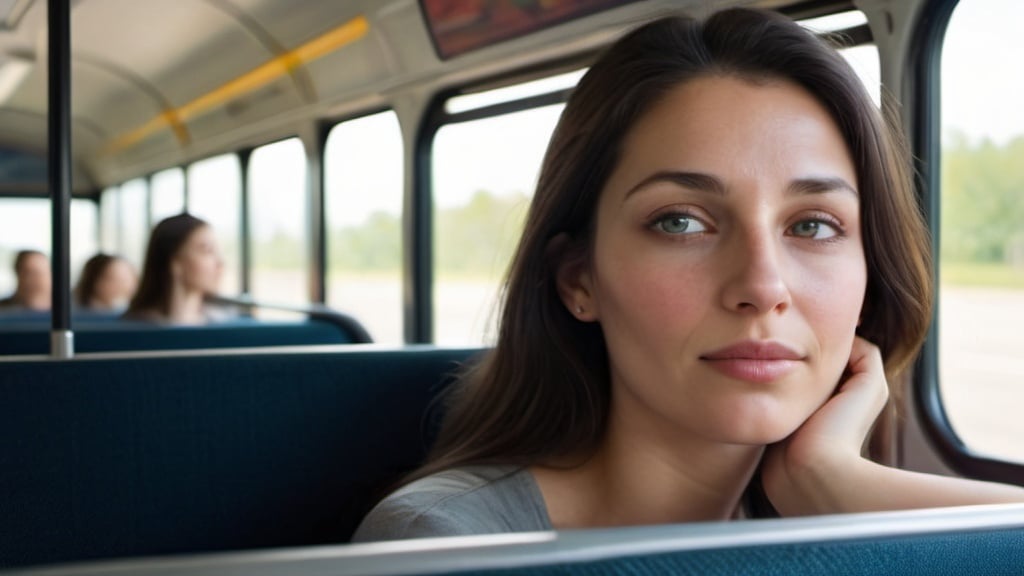 Prompt: Relaxing Woman sitting on a bus looking thru a window, photorealistic, high definition, calm, serene, bright colors, professional lighting, detailed facial features.