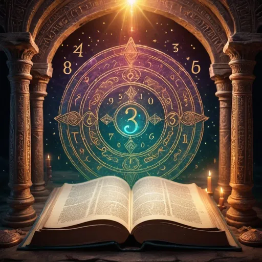 Prompt: Raised numbers from ancient book, mystical atmosphere, magical environment, vibrant colors, detailed, high definition, calm, mysterious, fantasy, ancient, glowing symbols, intricate details, enchanting lighting, magical aura, best quality