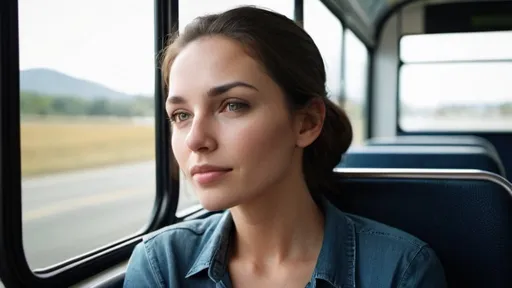 Prompt: Relaxing Woman sitting on a bus looking thru a window, photorealistic, high definition, calm, serene, bright colors, professional lighting, detailed facial features.