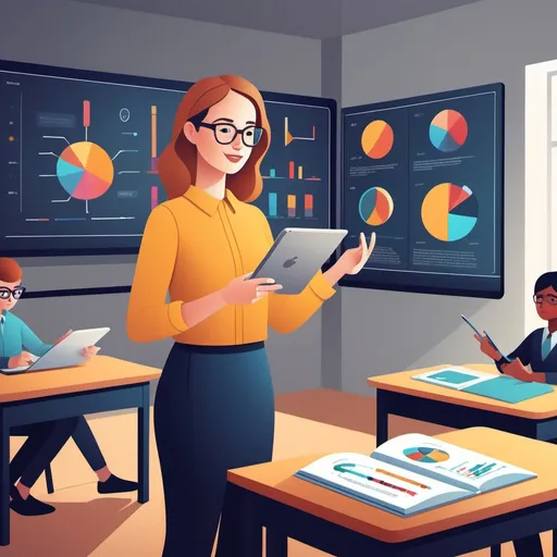Prompt: Digital illustration: Teacher in modern classroom, using a tablet. They're interacting with colorful graphs and student data floating around them. The teacher looks confident and engaged. On one side, show a a visual of visibly improving and succeeding. Style should be modern.