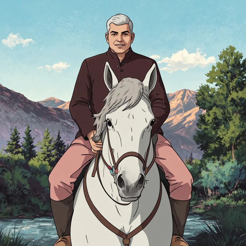 Prompt: a man riding a horse in a cartoon style with a mountain in the background and a river running through it, Bhupen Khakhar, samikshavad, official art, a character portrait