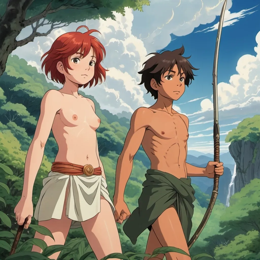 Prompt: 2d studio ghibli anime style, (12-year-old girl) with (short red hair) wearing (loincloth), (pale skinny 12-year-old boy) with (wavy black hair) in (loincloth) holding spear, (dramatic cloudy sky) overhead, rich green foliage throughout, (peaceful atmosphere), (ultra-detailed), (natural lighting)
emphasizing the serene beauty of nature, capturing the essence of youth and
romance.