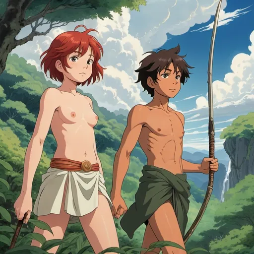 Prompt: 2d studio ghibli anime style, (12-year-old girl) with (short red hair) wearing (loincloth), (pale skinny 12-year-old boy) with (wavy black hair) in (loincloth) holding spear, (dramatic cloudy sky) overhead, rich green foliage throughout, (peaceful atmosphere), (ultra-detailed), (natural lighting)
emphasizing the serene beauty of nature, capturing the essence of youth and
romance.