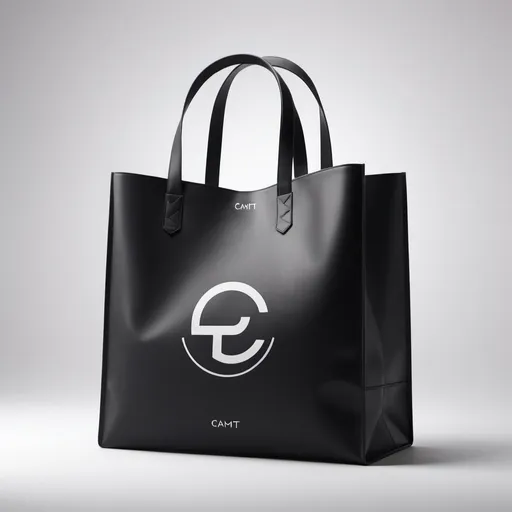 Prompt: the elegance of a tote bag with a minimalist design, set against a pristine white backdrop. The black CAMT logo stands out in the center, its sleek font adding a touch of sophistication to the overall composition. The lighting is soft and flattering, accentuating the high-definition details of the bag and logo in a way that feels almost surreal.