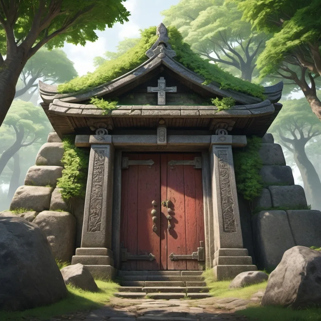 Prompt: create an rpg image of a shrine door hidden by  4 leafy trees and built into the side of of a stony hill