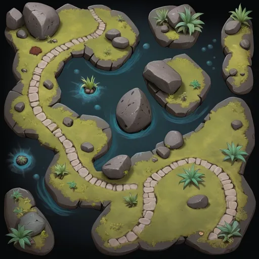 Prompt: Battlemap of a stony path through an area of strange plants and trees as well as dark boulders