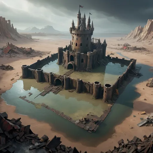 Prompt: an ominous battle map in the wastelands that shows a sunken castle with just the top showing.