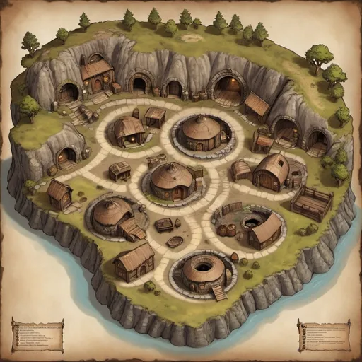 Prompt: A dungeons and dragons map of a halfling town with underground burrows built into the hills. The doors to the burrows are wooden and circular.  Include a tavern and inn and hobbit holes.