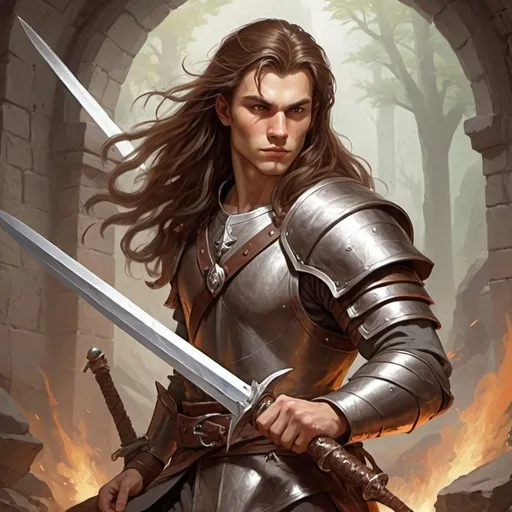 Prompt: Create a dungeons and dragons character who is a male fighter in plate mail with long flowing brown hair with a sword who is around the age of 20
