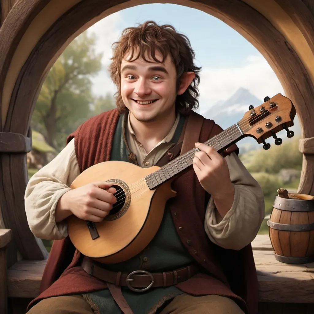 Prompt: Create an image of a hobbit bard playing a medieval guitar.  He is jolly and has a round belly with a warm smile and a twinkle in his eye.  He is about 20 year s old