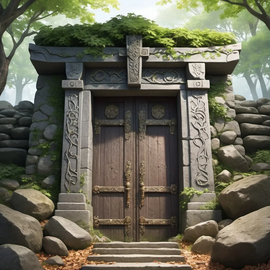 Prompt: create an rpg image of a shrine door hidden by foilage built into the side of of a stony hill