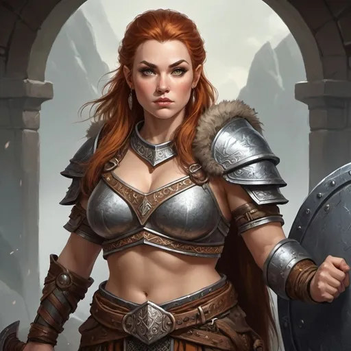 Prompt: Create a fantasy character image of a dwarwen female warrior with a beard who is dressed in plate male.  She is pretty and buxom.