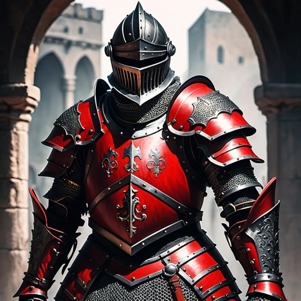 Prompt: A knight in red and black armor