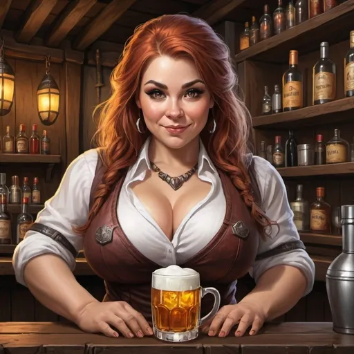 Prompt: Create a picture of a buxom dwarven female bartender
