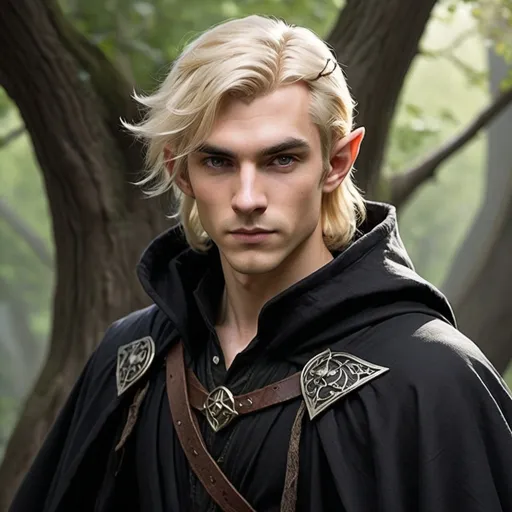 Prompt: create a picture of a Dungeons and Dragons character who is an elven mage/rogue and is handsome and wearing a black cloak.  His hair is blond.  Focus on his head and face


