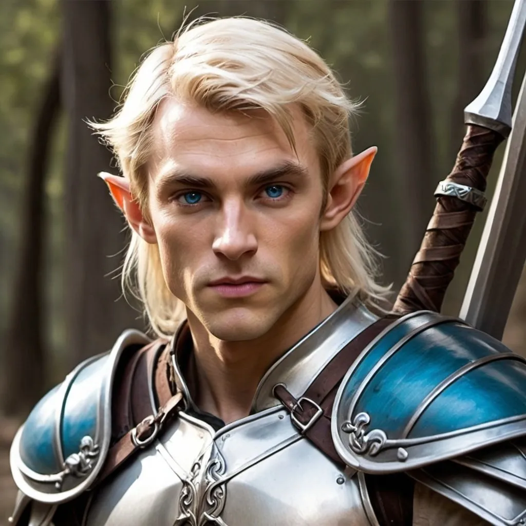 Prompt: Create a dungeons and dragons picture of a muscle bound elven fighter wearing armor but no helmet.  He should have a long sword in his hand and a bow strapped to his back.  He is handsome, blond, and has blue eyes.