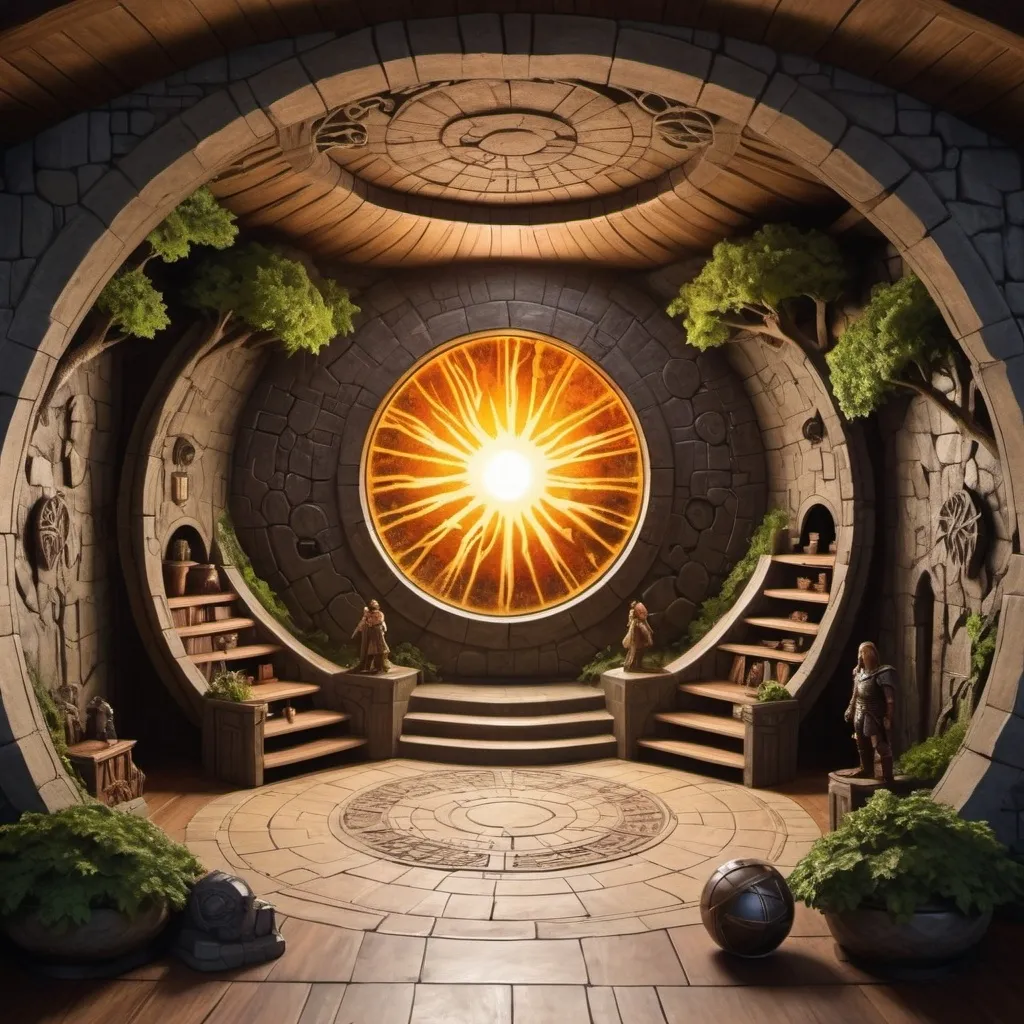 Prompt: Create A top down dungeons and dragons map of a circular chamber with a mural or the sun surrounded by trees.  The room also has 3 statues of halfling warrior heroes.  The only door into the chamber is on the southern 