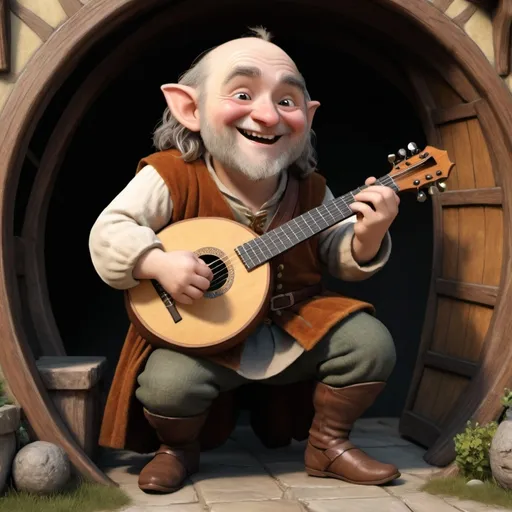 Prompt: Create an image of a hobbit bard playing a medieval guitar.  He is jolly and has a round belly with a warm smile and a twinkle in his eye