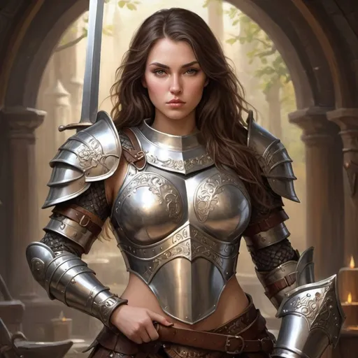 Prompt: Create an image of a fantasy character who is a buxom woman in decorated plate armor that shows her assets.  She has a long sword and shield and is a brunette.  She is pretty.