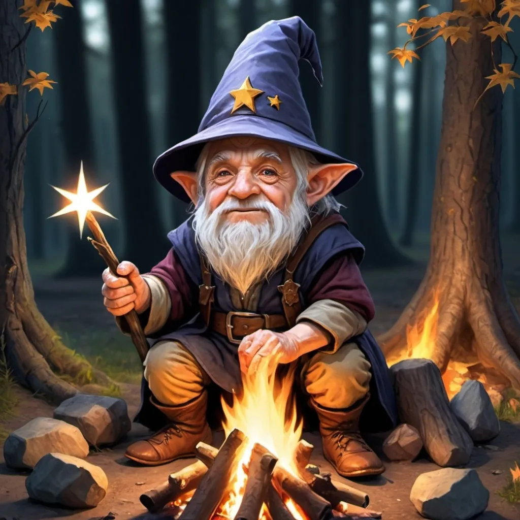 Prompt: create an rpg image of an old halfling wearing a wizard cap with stars and trees on it, sitting around a campfire with 4 other halflings.  make him very old

