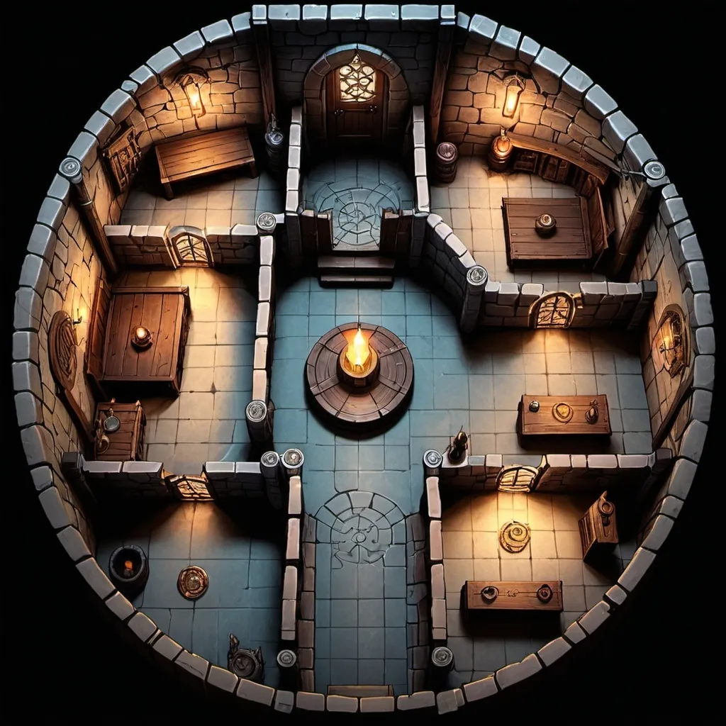 Prompt: a top down dungeons and dragons battlemap including 4 rooms.  First is an entrance chamber, the second is a hallway lined with tall mirrors, the 3rd is a circular chamber, the fourth is a circular chamber with a dais with a glowing key upon it.
