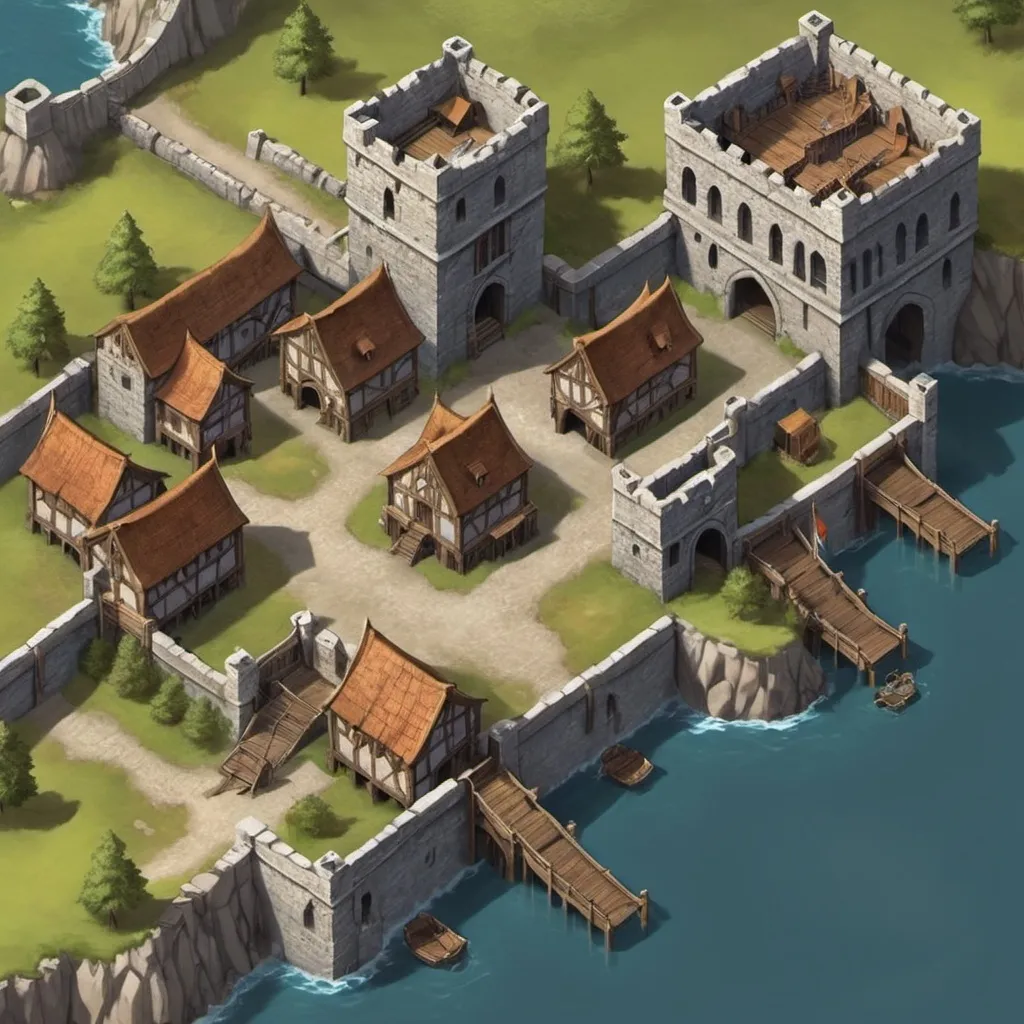 Prompt: create an RPG map of the city of Fort Gallant  Include two dock districts, one for the high elves, one for the rest.  Also include an elven fort along a stone wall, as well as buildings normally found in RPG towns.  Name these major buildings in text.