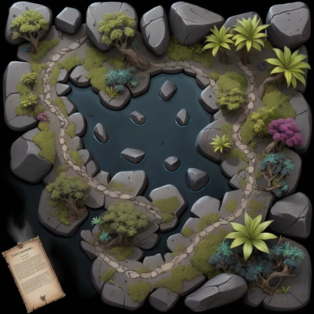 Prompt: Battlemap of a stony path through an area of many dark and strange plants and trees as well as dark boulders.  Do not include any water.