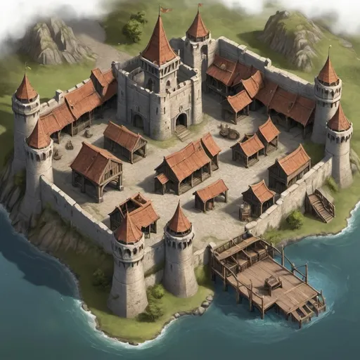 Prompt: create an RPG map of the city of Fort Gallant  Include two dock districts, one for the high elves, one for the rest.  Also include an elven fort along a stone wall, as well as buildings normally found in RPG towns.  Name these major buildings in text.  Include 40 buildings.