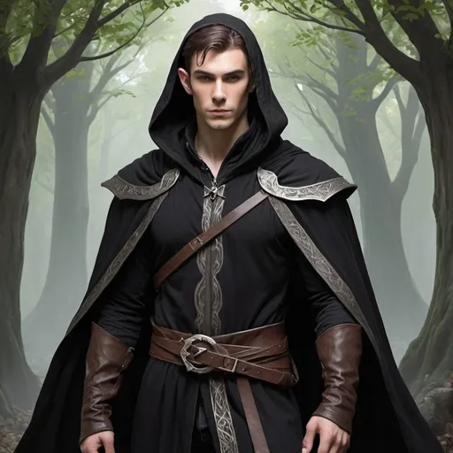 Prompt: create a picture of a Dungeons and Dragons character who is an elven mage/rogue and is handsome and wearing a black cloak

