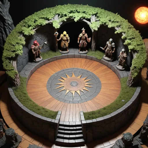 Prompt: Create A top down dungeons and dragons battlemap of a circular chamber with a mural or the sun surrounded by trees.  The room also has 3 statues of halfling warrior heroes.  There are two doors, one on the bottom and one on the top.  Make the statues bigger 