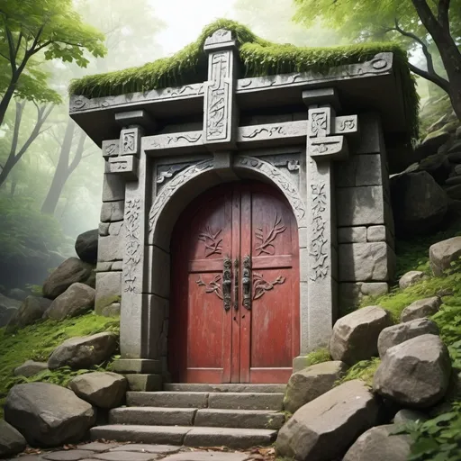 Prompt: create an rpg image of a shrine door hidden by foilage built into the side of of a stony hill