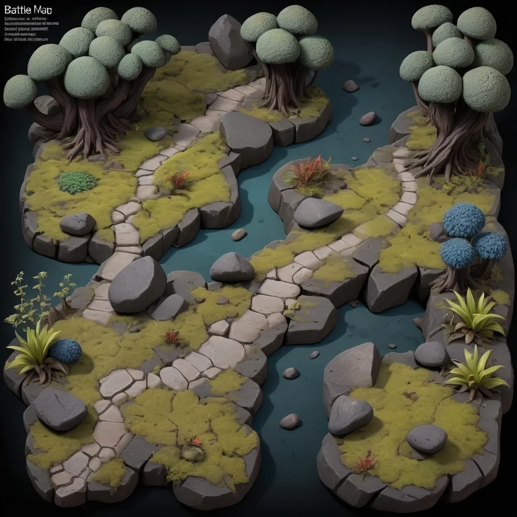 Prompt: Battlemap of a stony path through an area of many dark and strange plants and trees as well as dark boulders