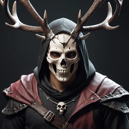 Prompt: create a RPG image of an assassin who wears a skull mask with antlers obscuring only half of his face.  He has a scar on his face.