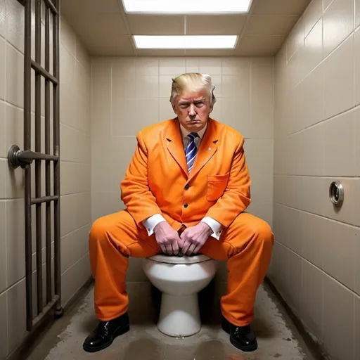 Prompt: Create a picture of donald trump in jail in an orange prisoner outfit taking a dump on a prison toilet

