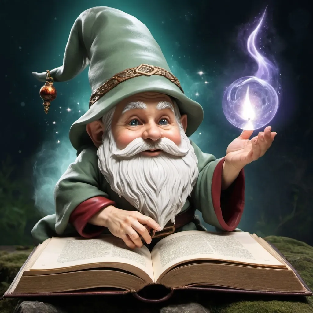 Prompt: create an image of an ancient gnome sage perusing a big book of magic.