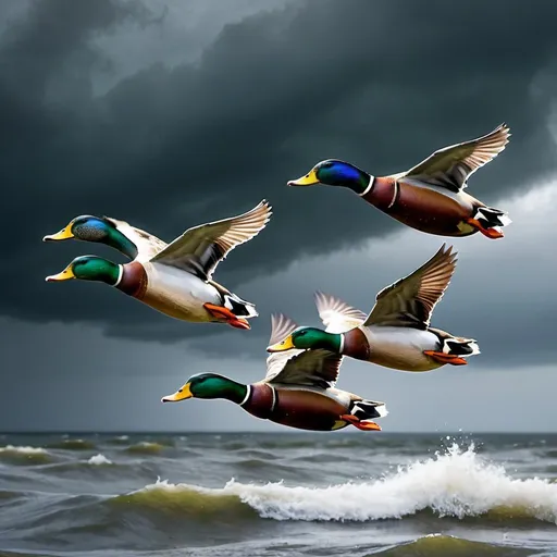 Prompt: Create an image of mallard ducks flying by on a stormy day 