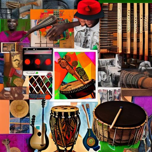 Prompt:  a collage featuring traditional African musical instruments (like djembe drums) alongside modern trap music tools (like drum machines or keyboards)