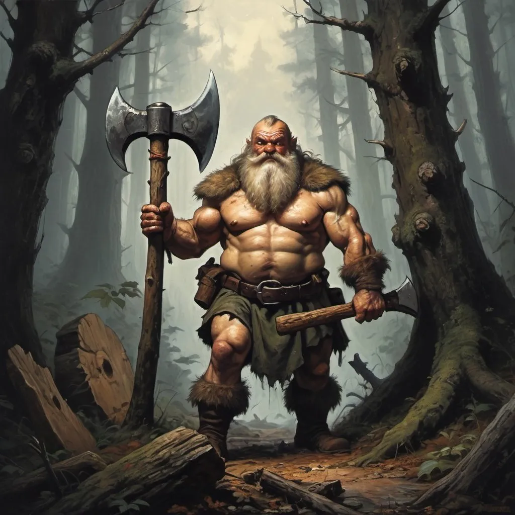 Prompt: Medieval dwarf woodsmen, holding axe in deep forest, dark and gritty, in the style of Frank Frazetta