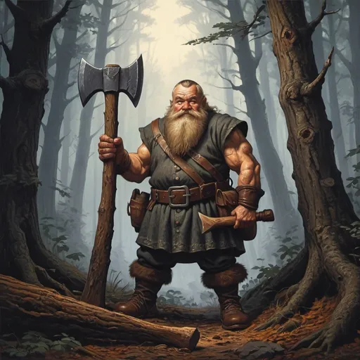 Prompt: Medieval dwarf woodsmen, holding axe in deep forest, dark and gritty, in the style of The Brothers Hildebrandt