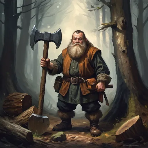 Prompt: Medieval dwarf woodsman, holding axe, dark forest, dangerous, impressionist style