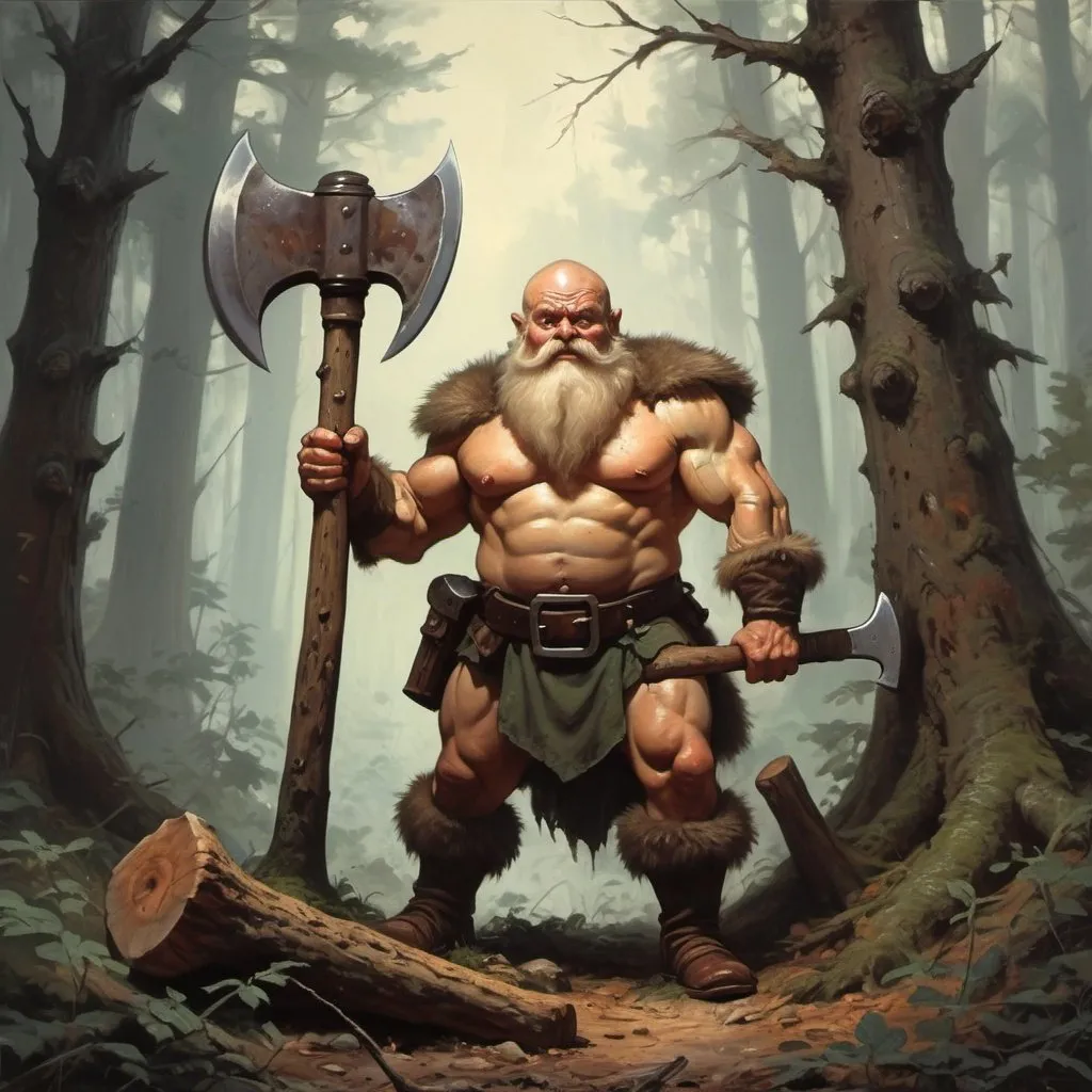 Prompt: Medieval dwarf woodsmen holding axe in deep forest in the style of Frank Frazetta