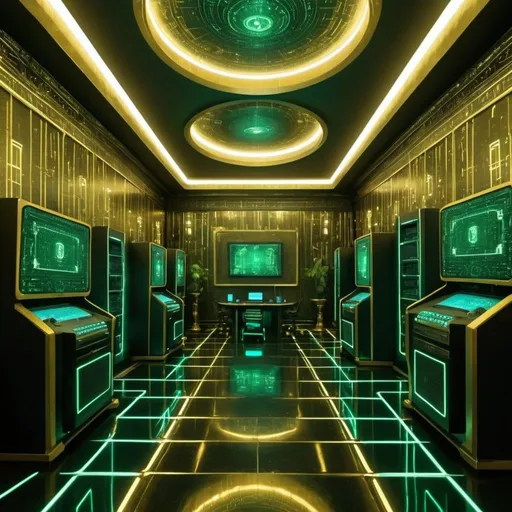 Prompt: futuristic gamer room decorated gold, the matrix movie style palace style with many servers matrix screem, computers and holograms