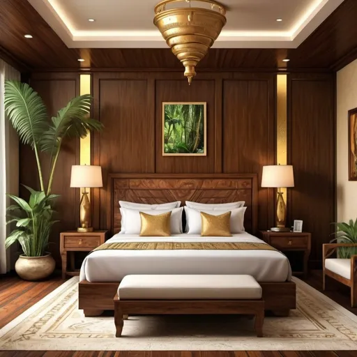 Prompt: realistic hotel room desing inspirate in egipto, africa , Costa Rica Rainforest, master King bed Gold desing and Wood .