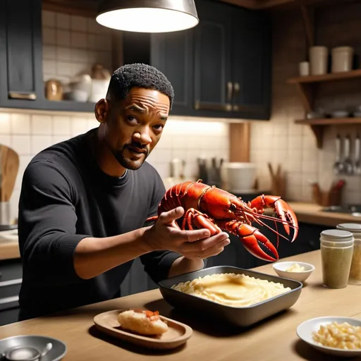 Prompt: amazing kitchen Bambu designed, fast food and lobster butter dish on the table, realistic details. very open scene of Man in Black movie, Will Smith shoting