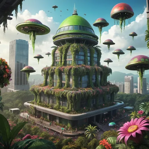 Prompt: Party with aliens on the top of big building with flowers and rainforest