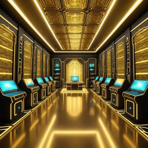 Prompt: futuristic gamer room decorated gold palace style with many servers matrix screem, computers and holograms